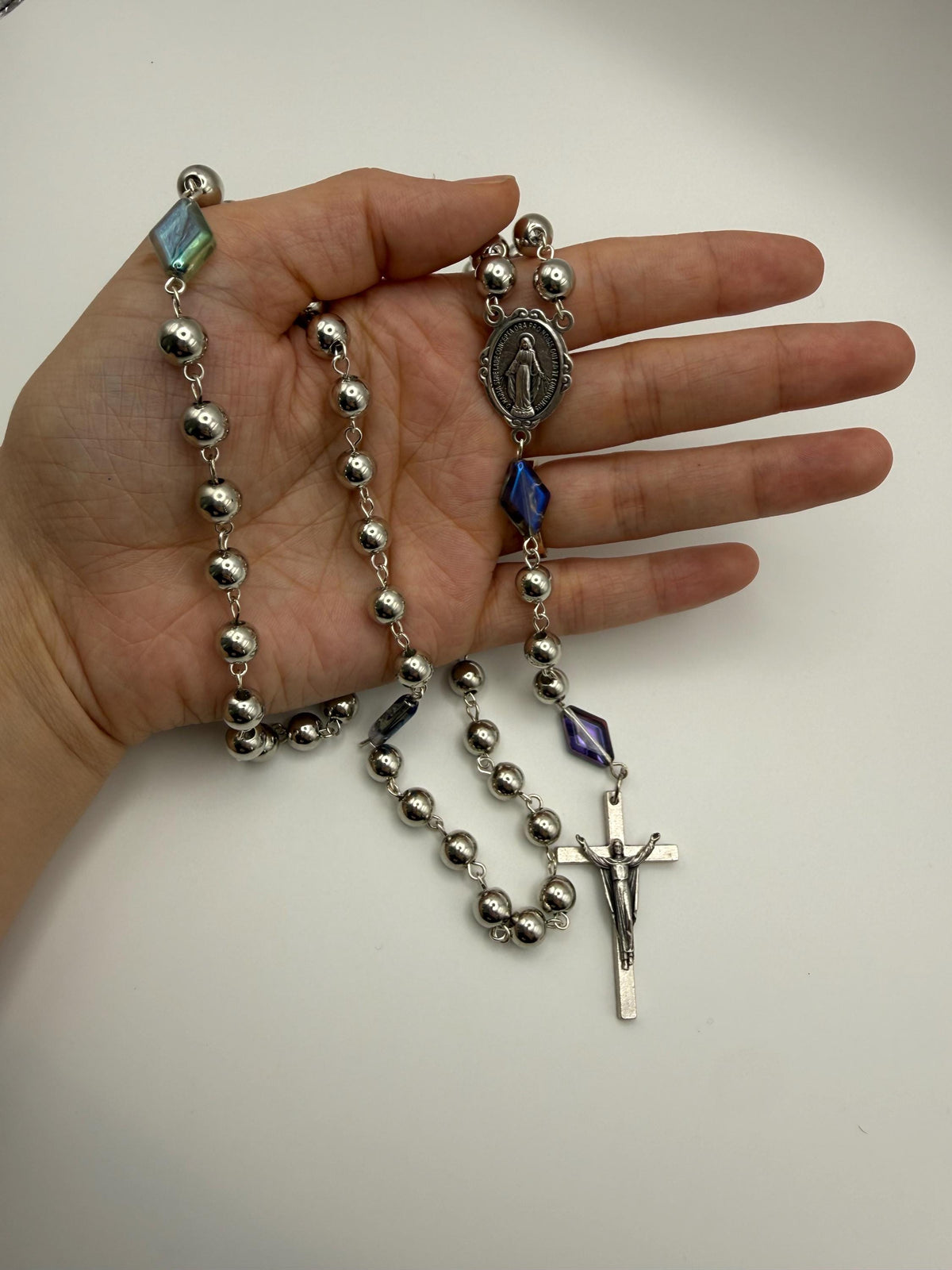 Silver Miraculous Medal Rosary detail view