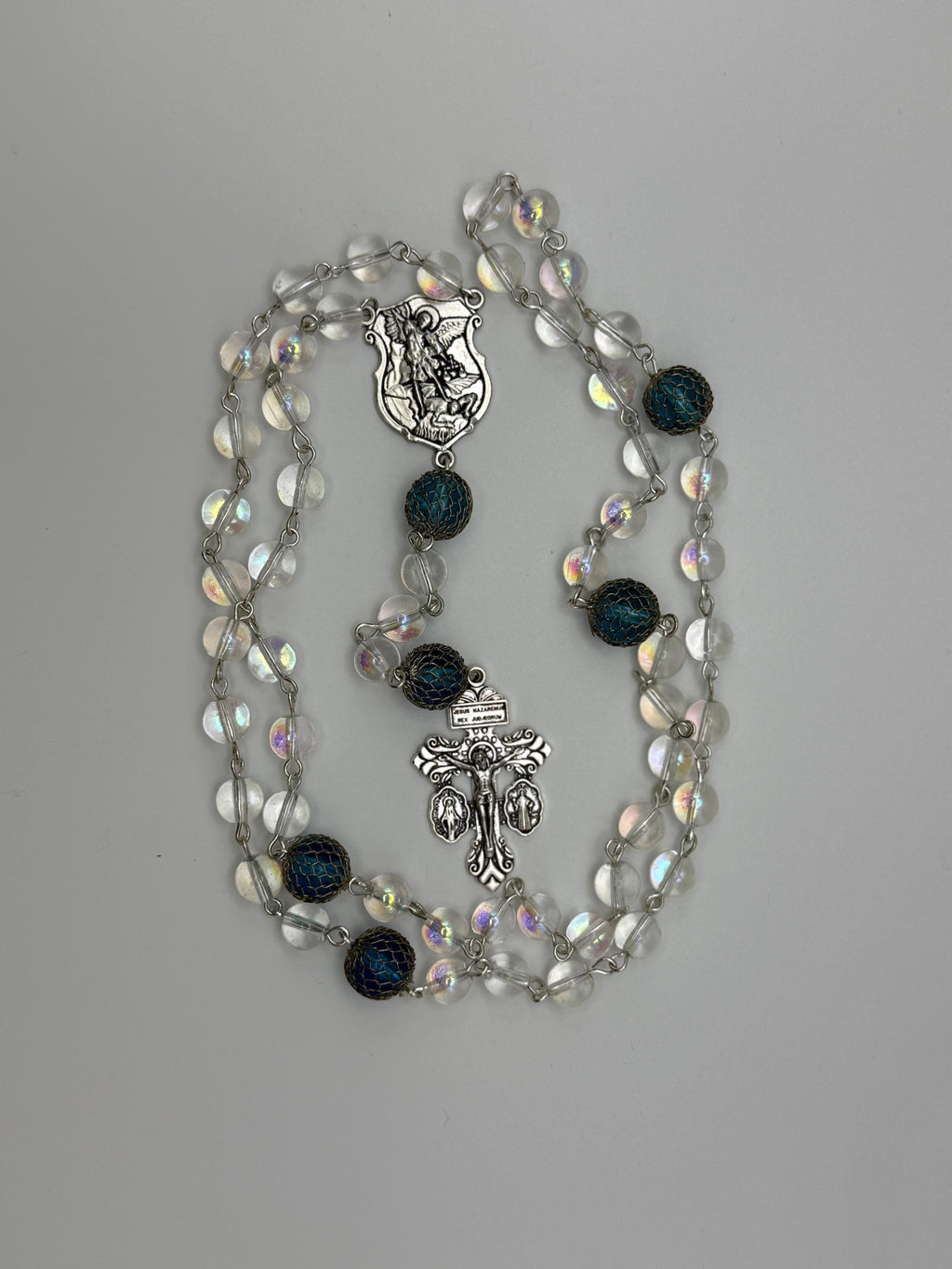 Clear Aurora Crystal St. Michael Rosary detail view