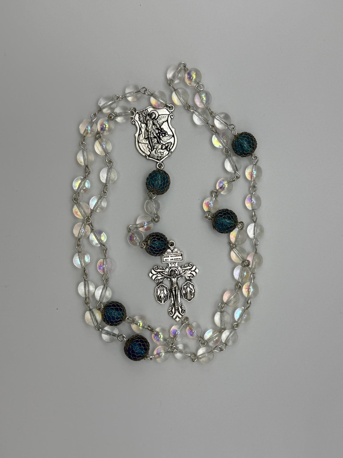 Clear Aurora Crystal St. Michael Rosary detail view