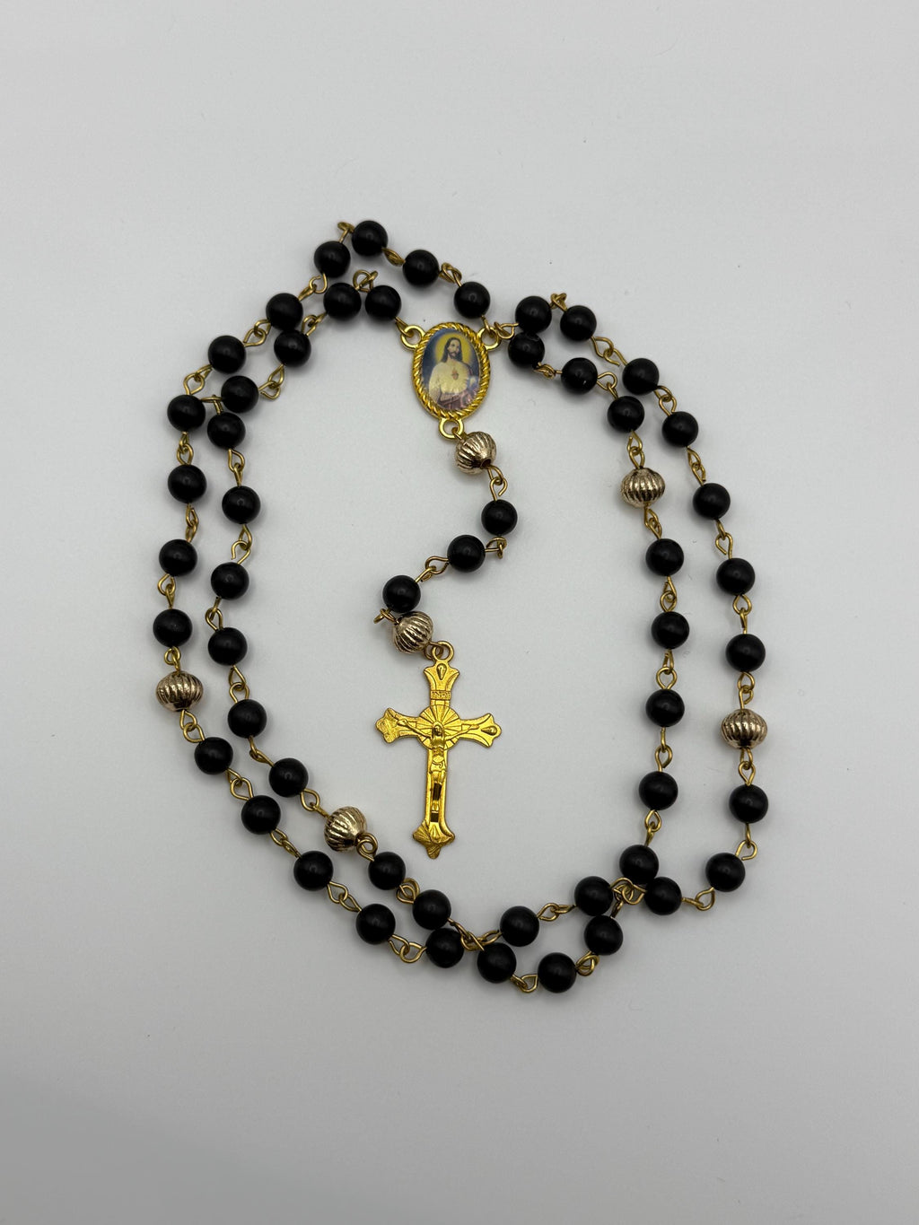 Black and Gold Sacred Heart Rosary detail view