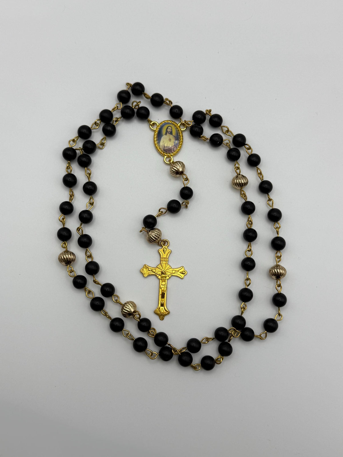 Black and Gold Sacred Heart Rosary detail view