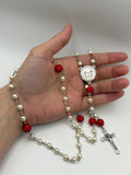 Holy Face of Jesus Pearl Rosary with red crystal accents