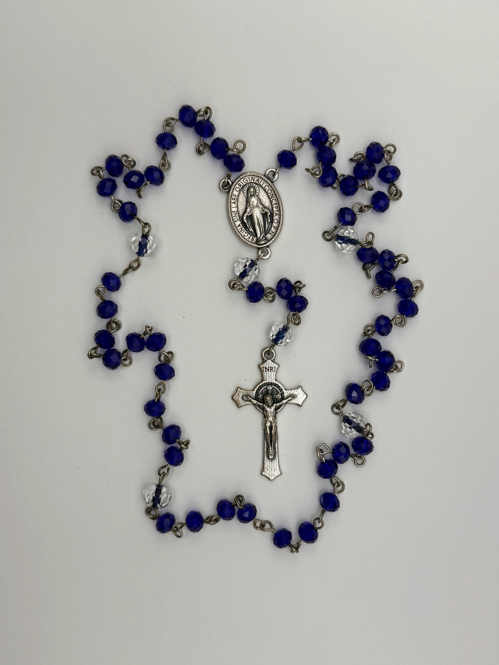 Deep Blue Crystal Miraculous Medal Rosary detail view