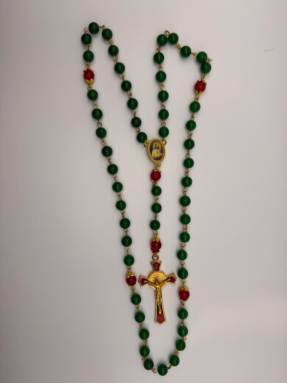 Green and Red Sacred Heart Rosary detail view