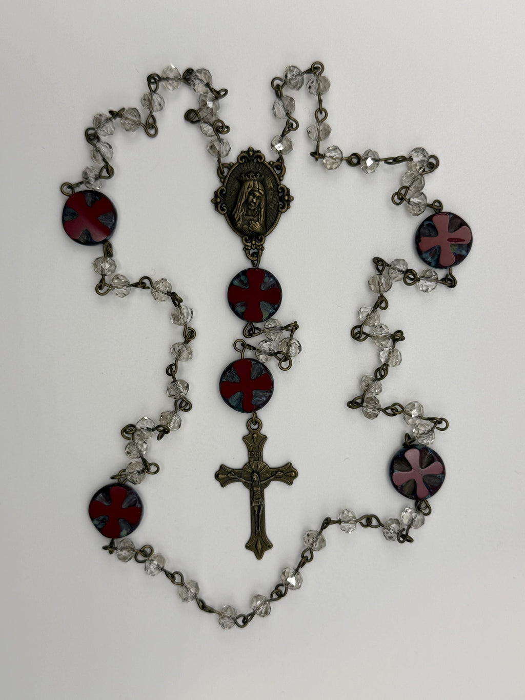 Queen of Heaven Crystal Rosary with crowned Virgin Mary devotion
