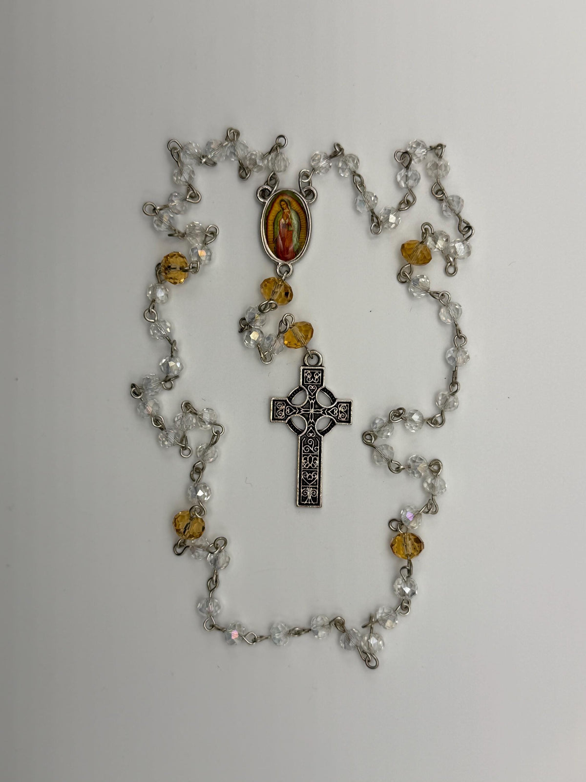 Our Lady of Guadalupe Crystal Rosary with clear and amber beads