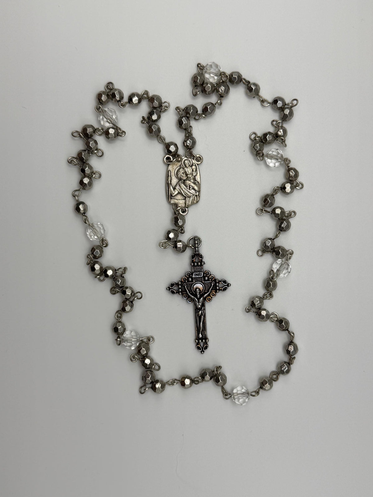 St. Christopher Silver Crystal Rosary detail view