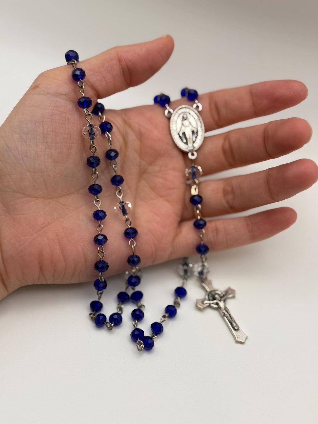 Deep Blue Crystal Miraculous Medal Rosary