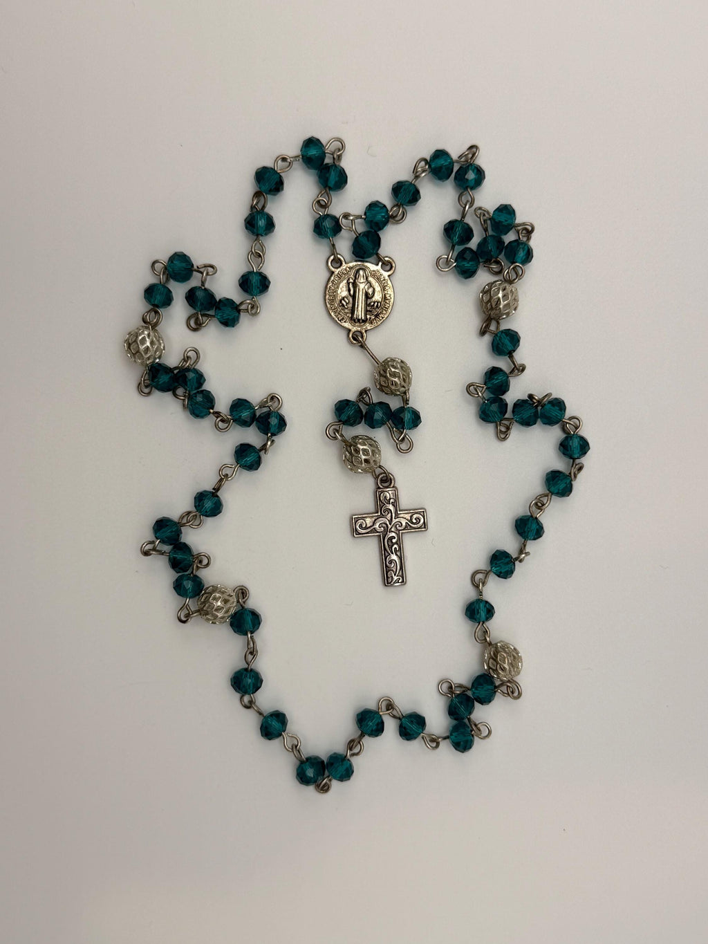 Teal Crystal St. Benedict Rosary alternate view