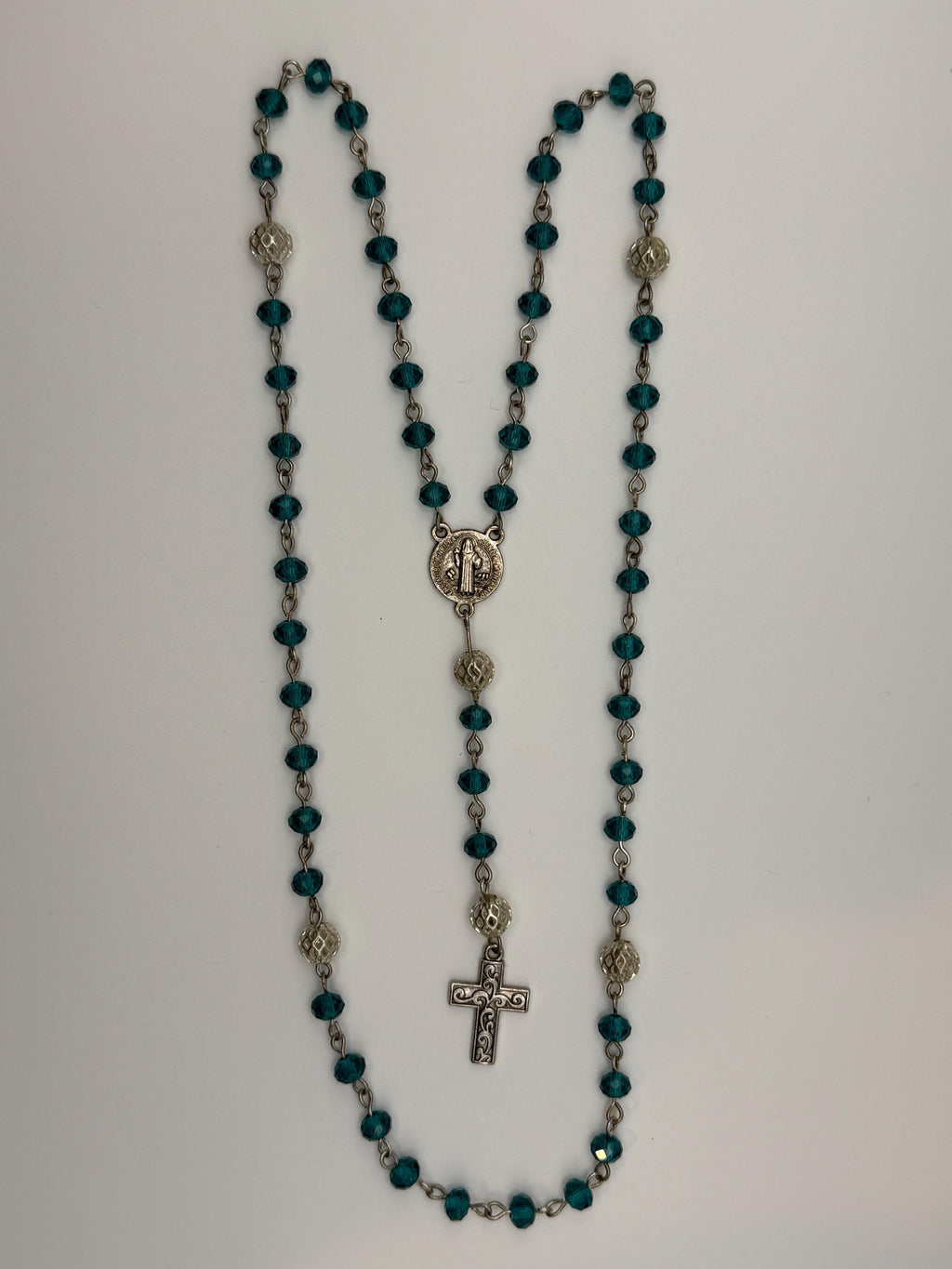 Teal Crystal St. Benedict Rosary detail view