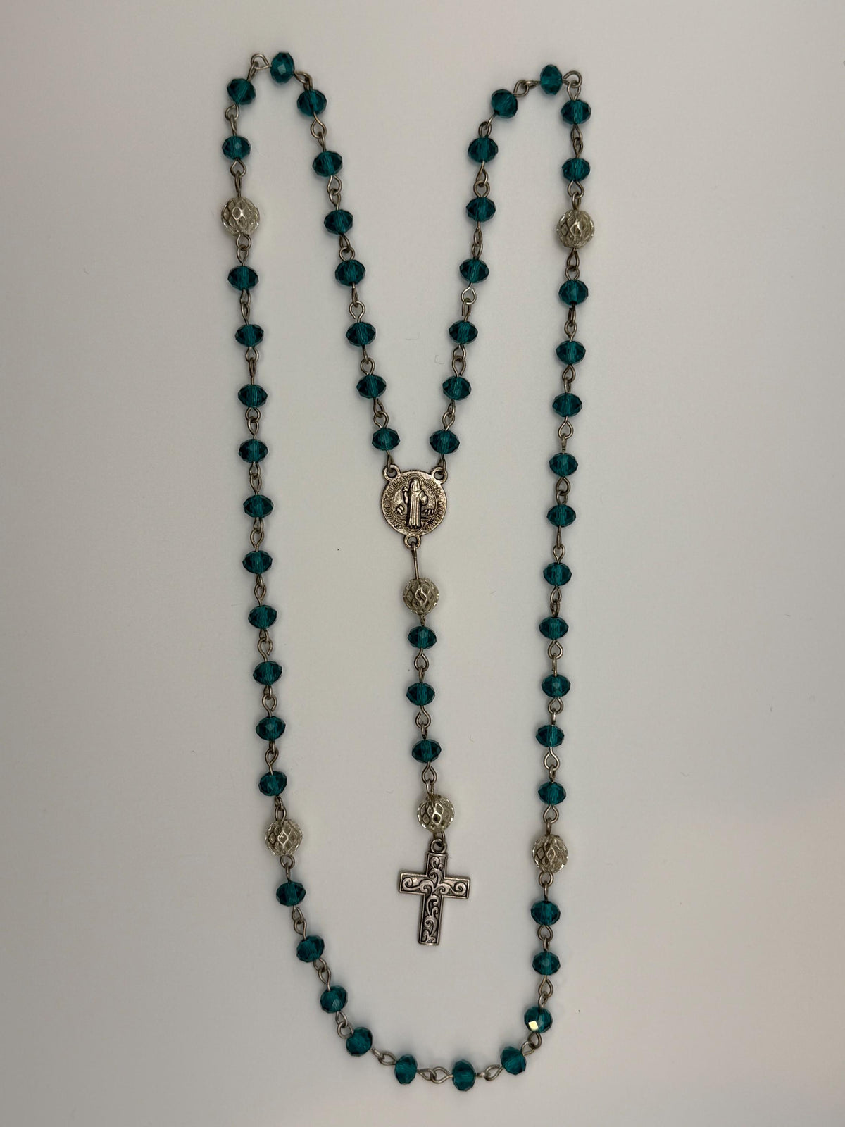 Teal Crystal St. Benedict Rosary detail view
