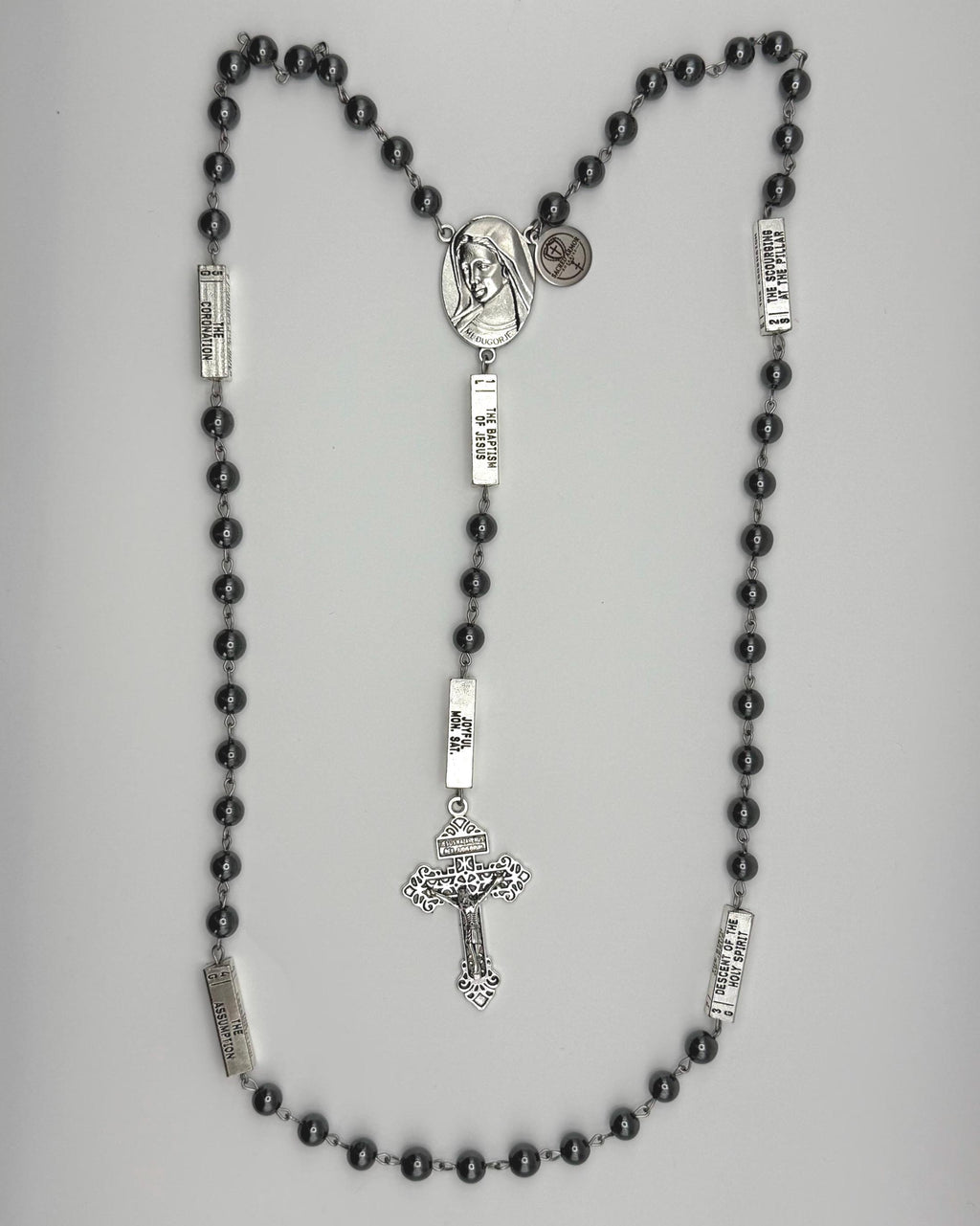 Guided Mysteries Black Hematite Rosary detail view