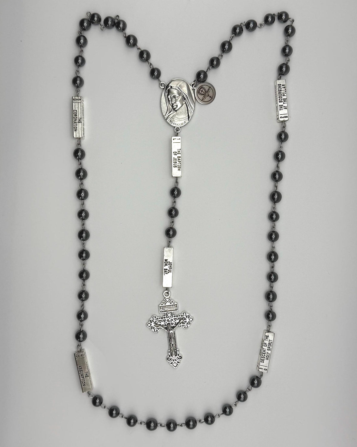 Guided Mysteries Black Hematite Rosary detail view
