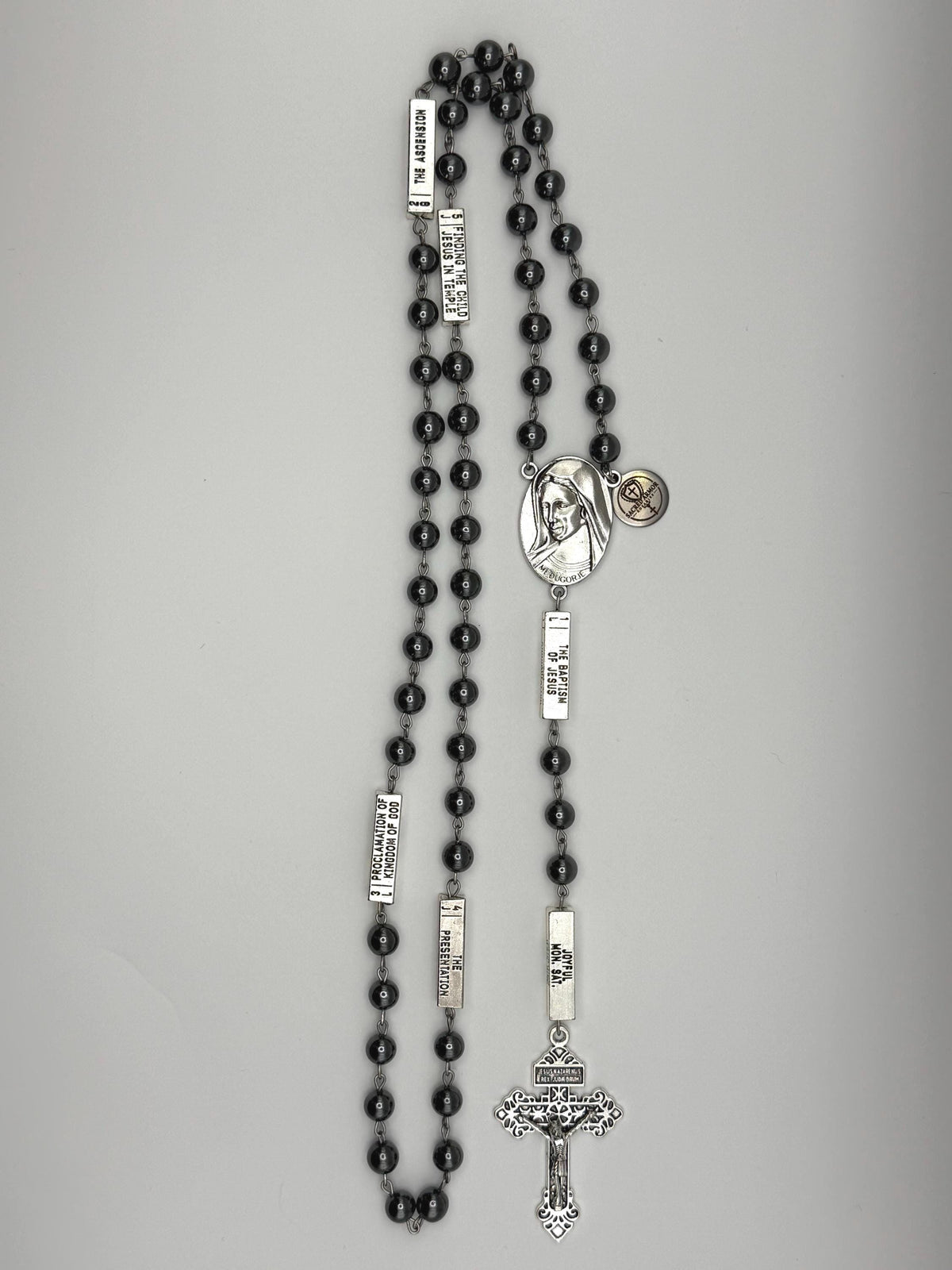 Guided Mysteries Black Hematite Rosary devotional detail