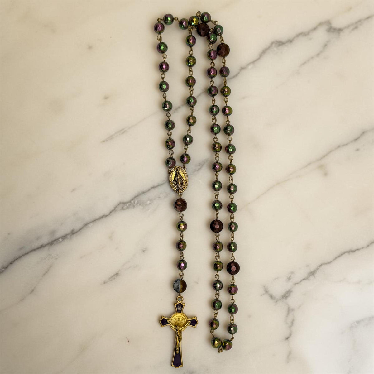 Purple and Green Glass Rosary alternate view