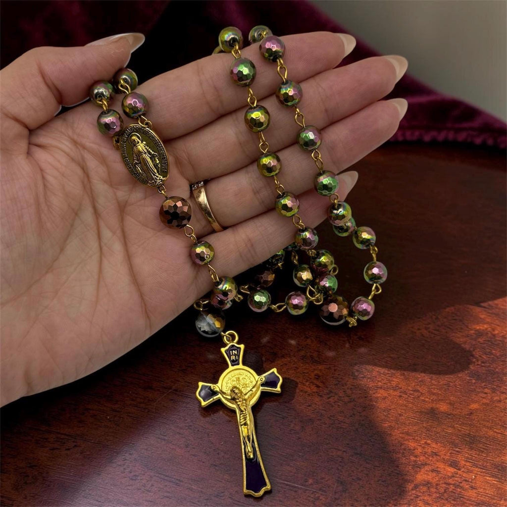 Purple and Green Glass Rosary detail view