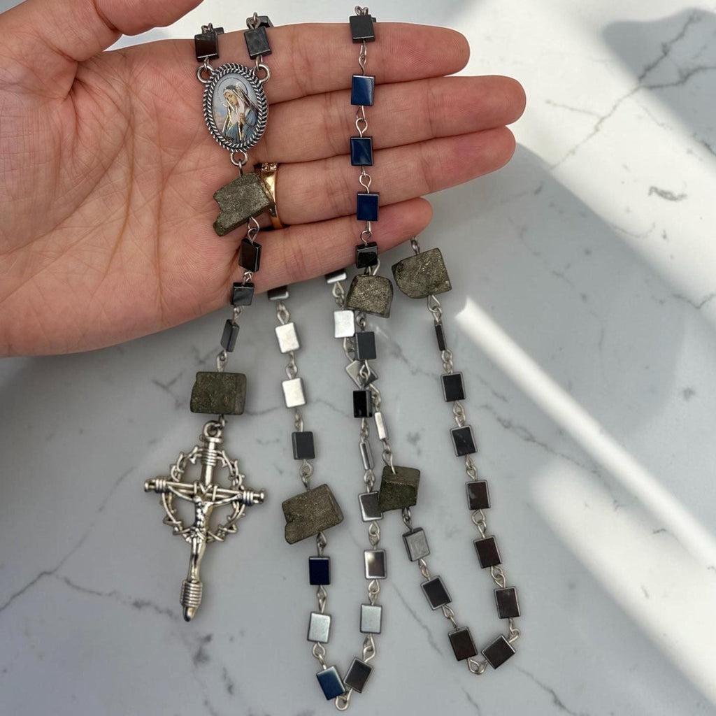 Pyrite Hematite Rosary crucifix detail