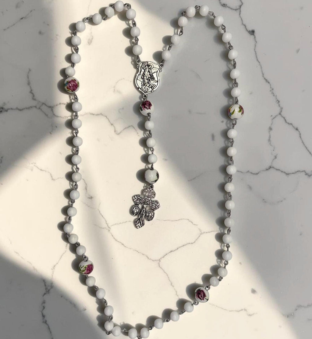 White Floral St. Michael Rosary devotional detail