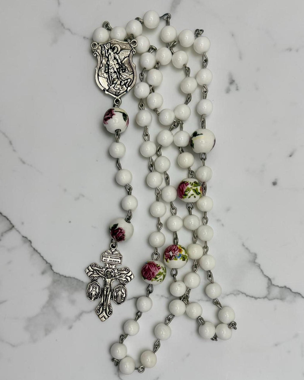 White Floral St. Michael Rosary additional view