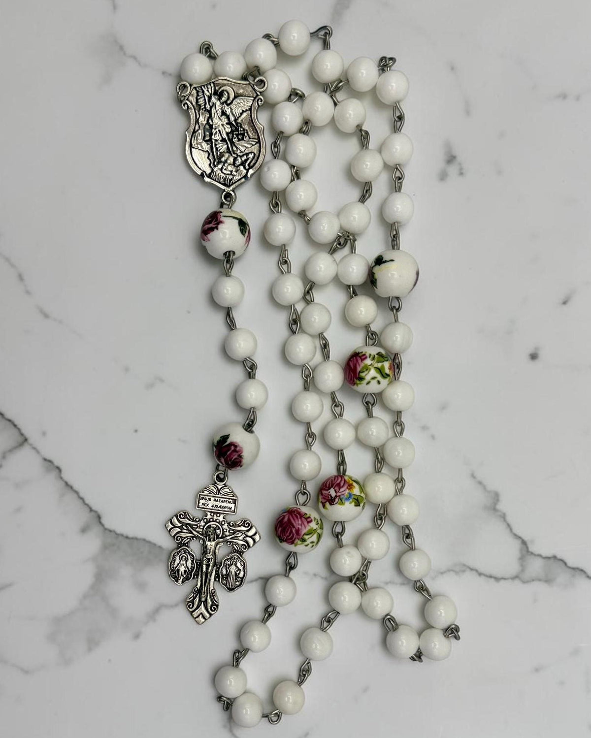 White Floral St. Michael Rosary additional view
