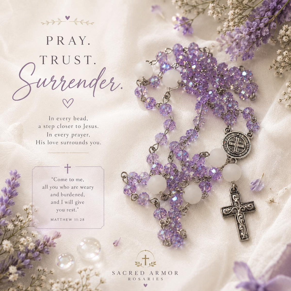 Lavender Crystal St. Benedict Rosary detail view