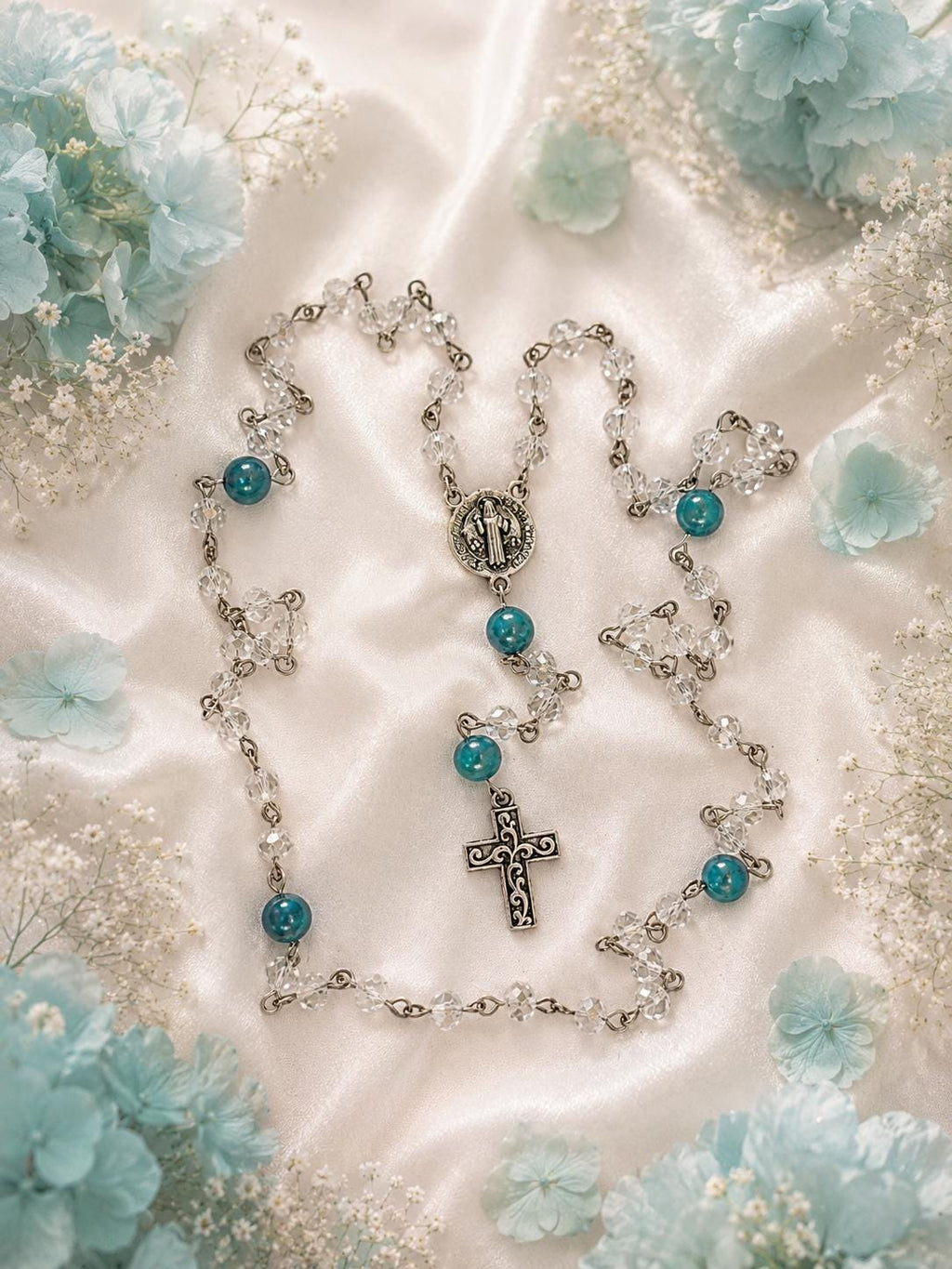 Aqua Crystal St. Benedict Rosary with silver crucifix