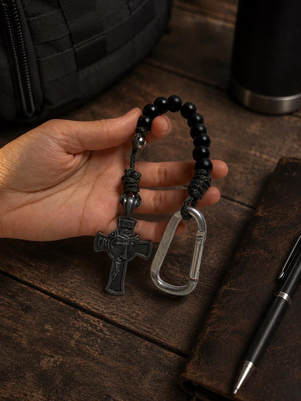 Black tactical paracord decade rosary detail view