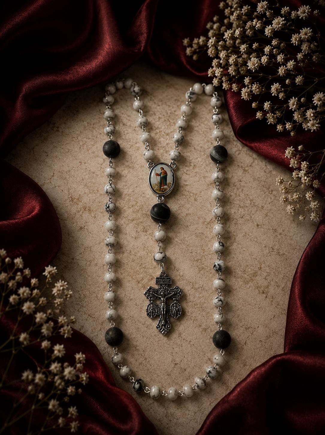 White Howlite and Black Stone St. Joseph Rosary with Pardon Crucifix