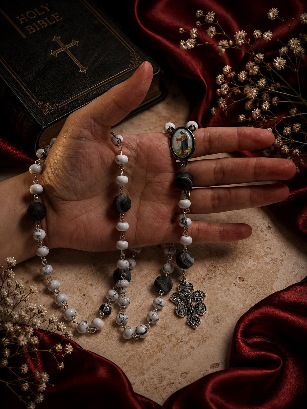 White Howlite St. Joseph Rosary alternate view
