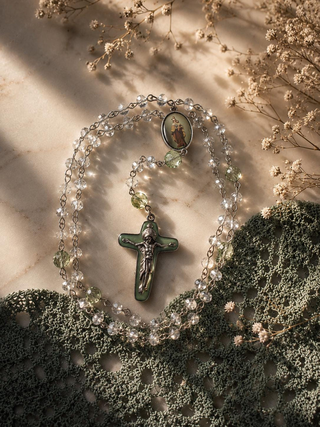 Sage Crystal Marian Rosary with detailed crucifix