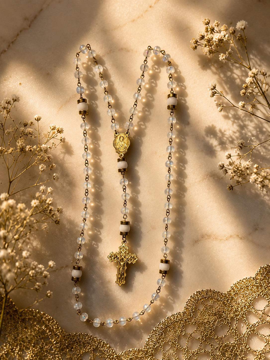 White Glass and Gold Marian Rosary