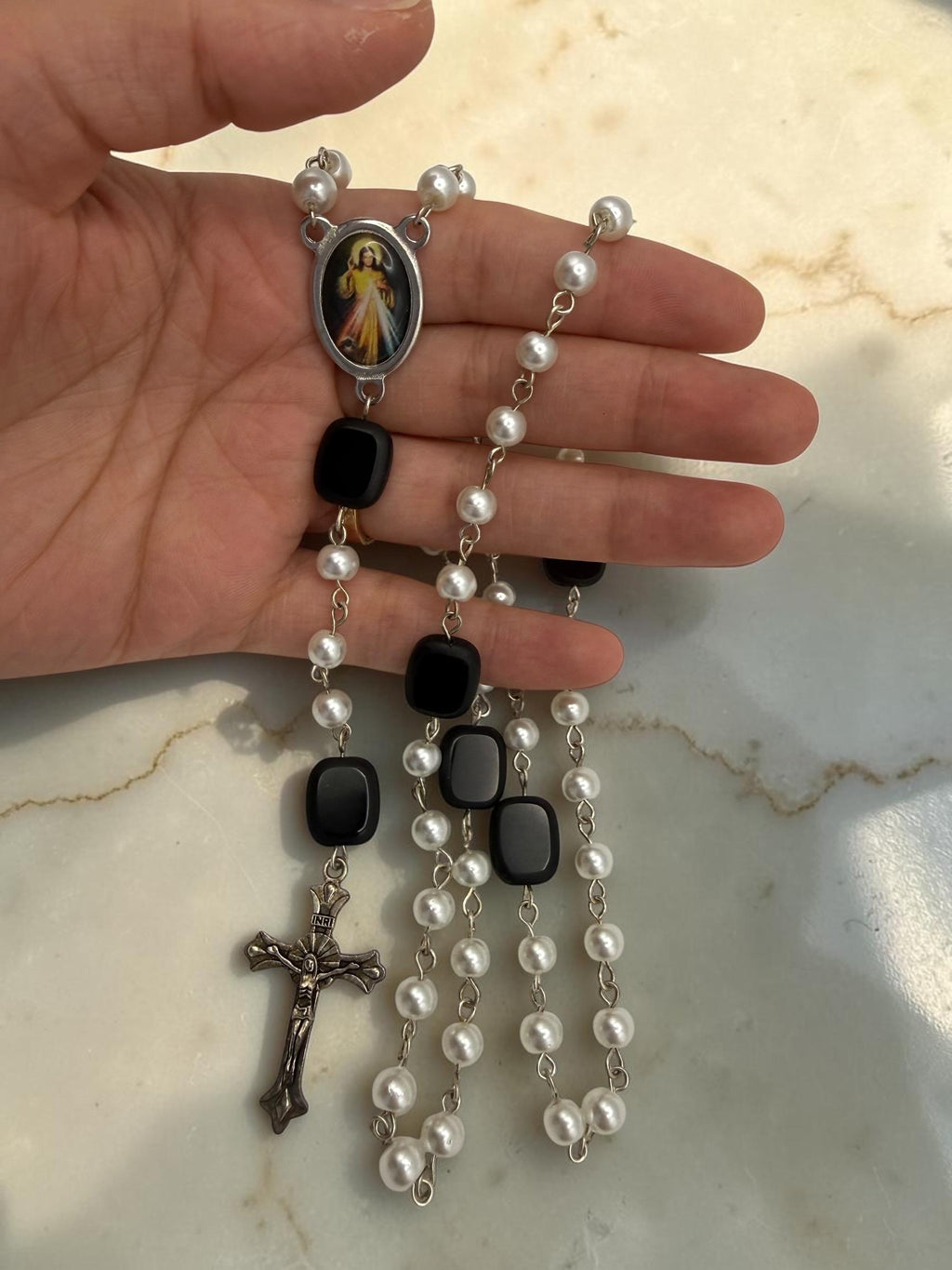 Divine Mercy pearl rosary detail view