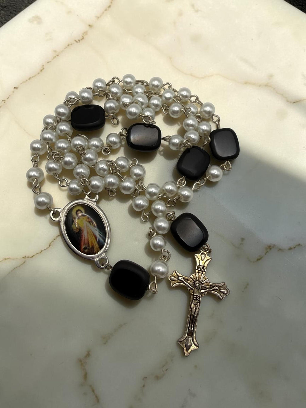 Divine Mercy Rosary with white pearl and black glass beads