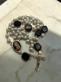 Divine Mercy Rosary with white pearl and black glass beads