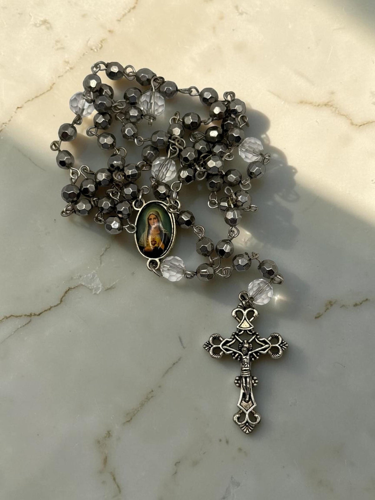 Immaculate Heart gunmetal hematite rosary detail view