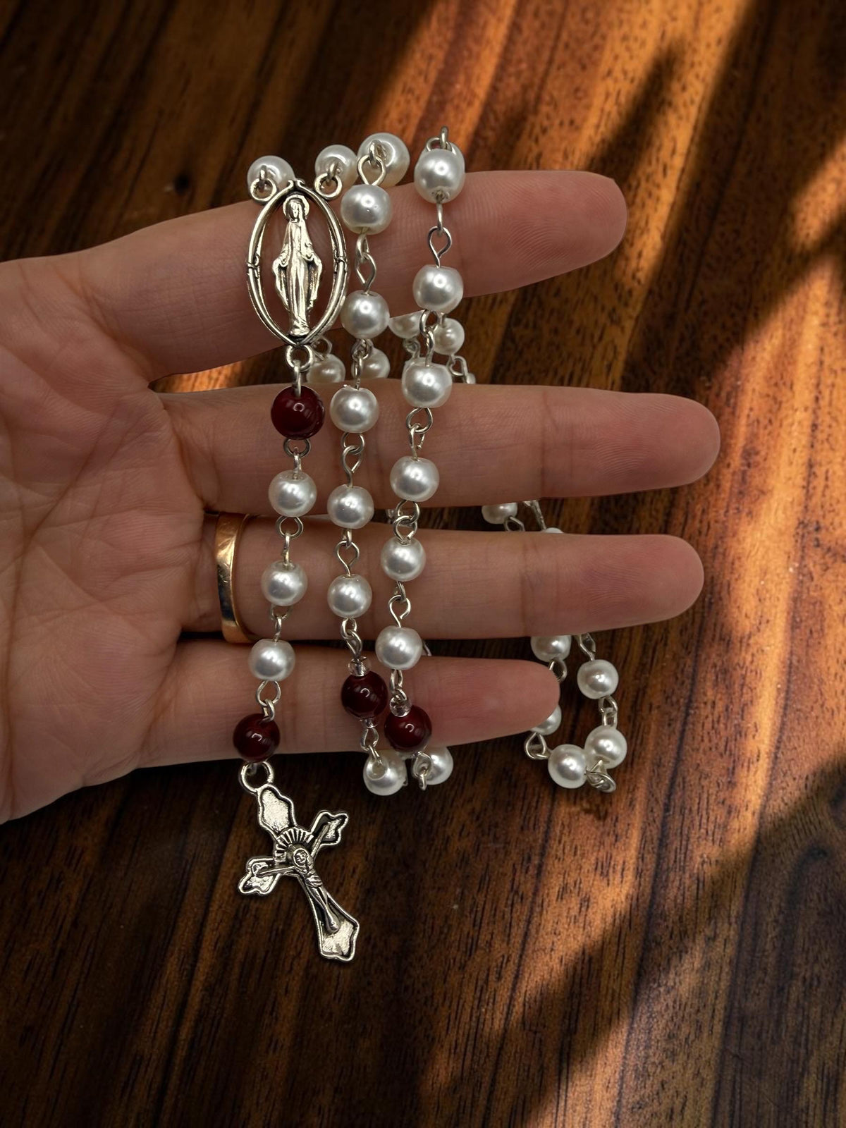 Pearl and Burgundy Miraculous Medal Rosary detail view
