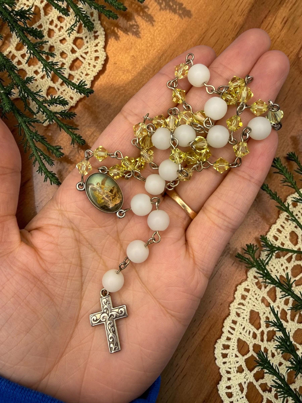 St. Michael golden crystal chaplet detail view