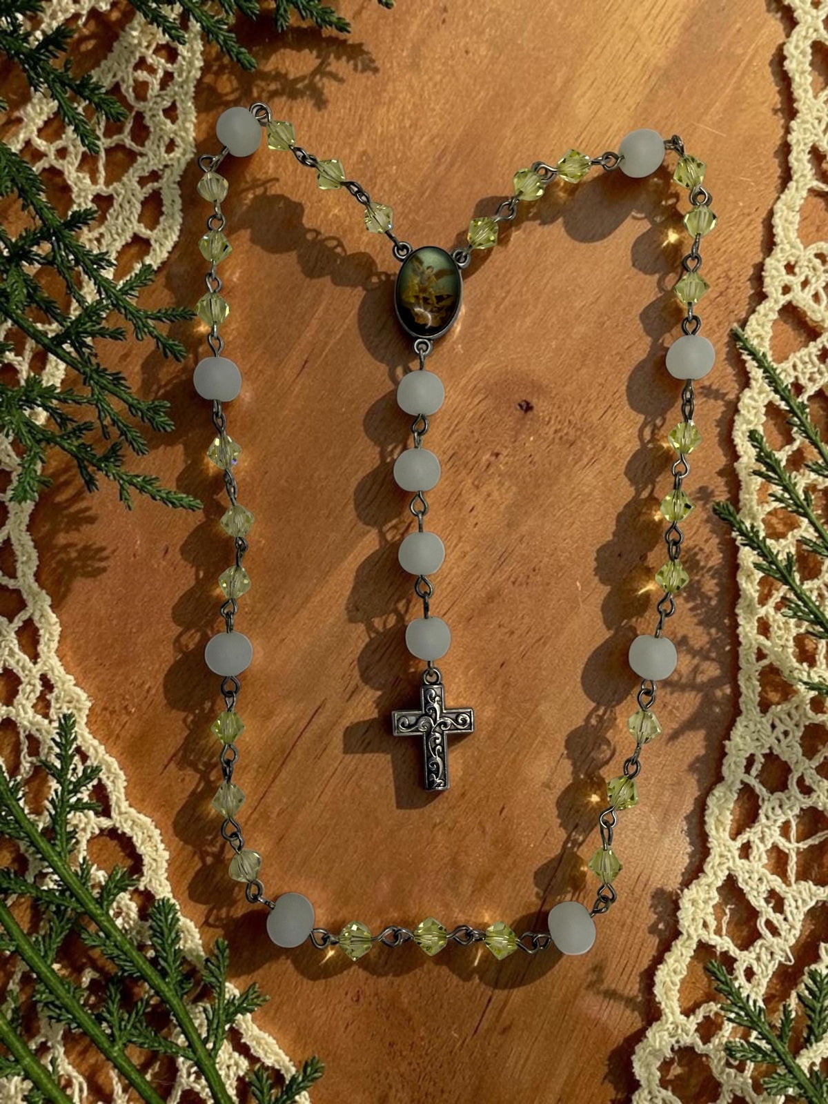 St. Michael Chaplet with golden crystal and white glass beads