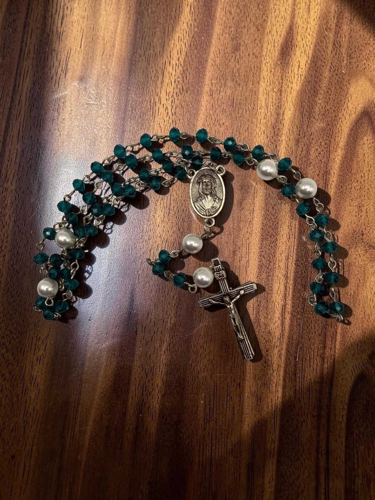 Sacred Heart teal crystal rosary detail view