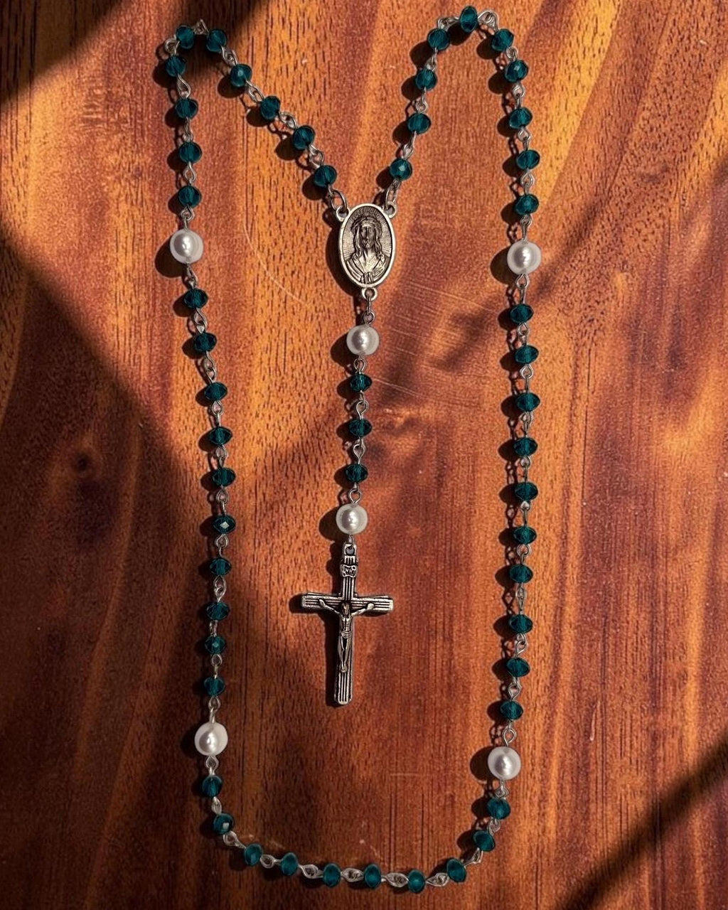 Sacred Heart teal crystal rosary devotional detail