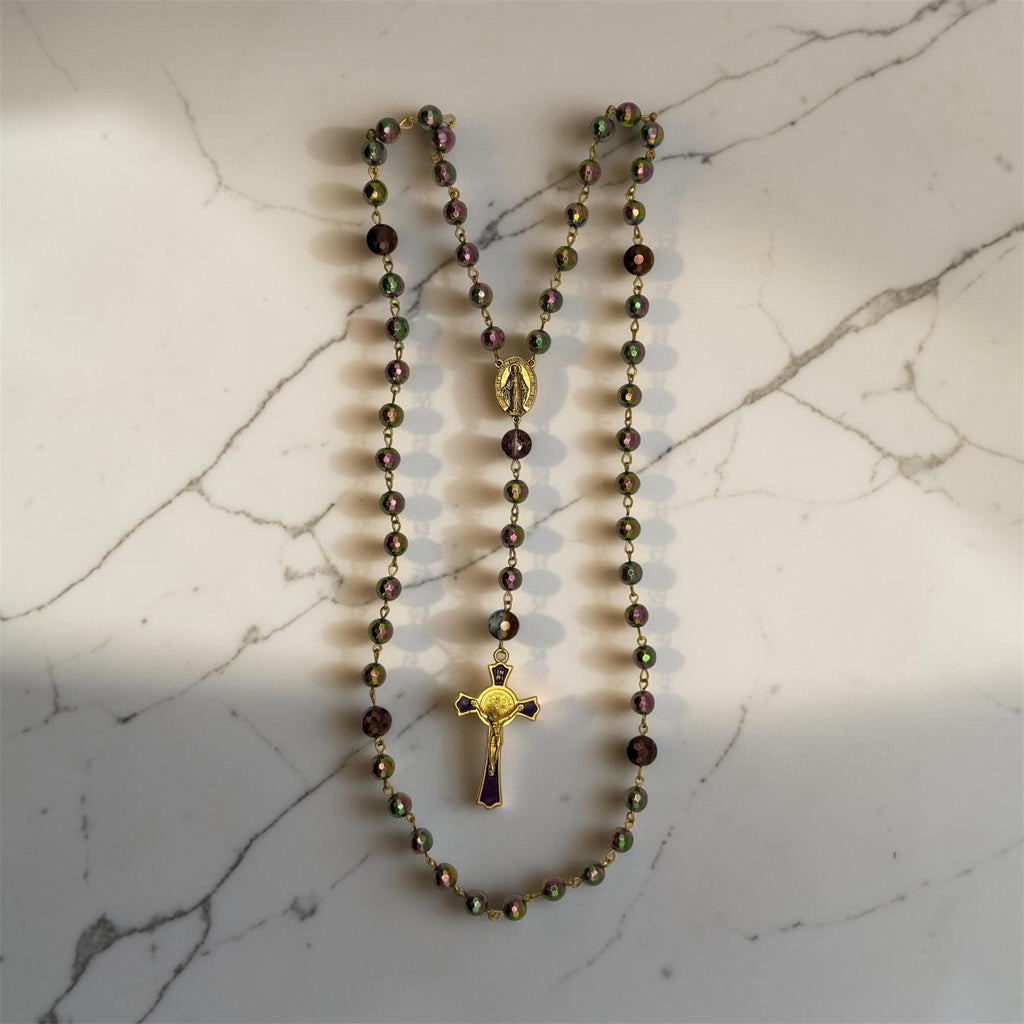 Purple and Green Glass Rosary with Miraculous Medal and St. Benedict crucifix