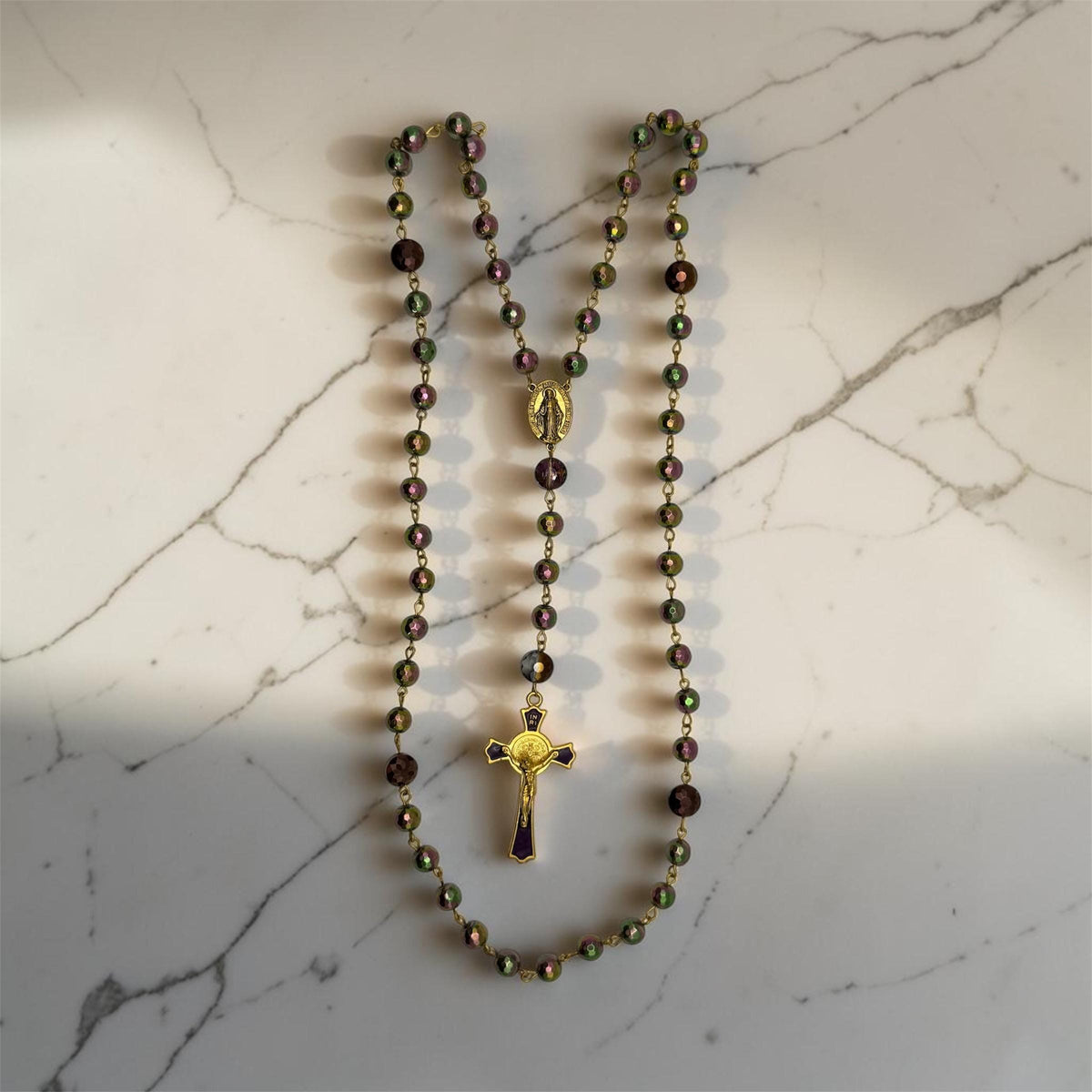 Purple and Green Glass Rosary with Miraculous Medal and St. Benedict crucifix