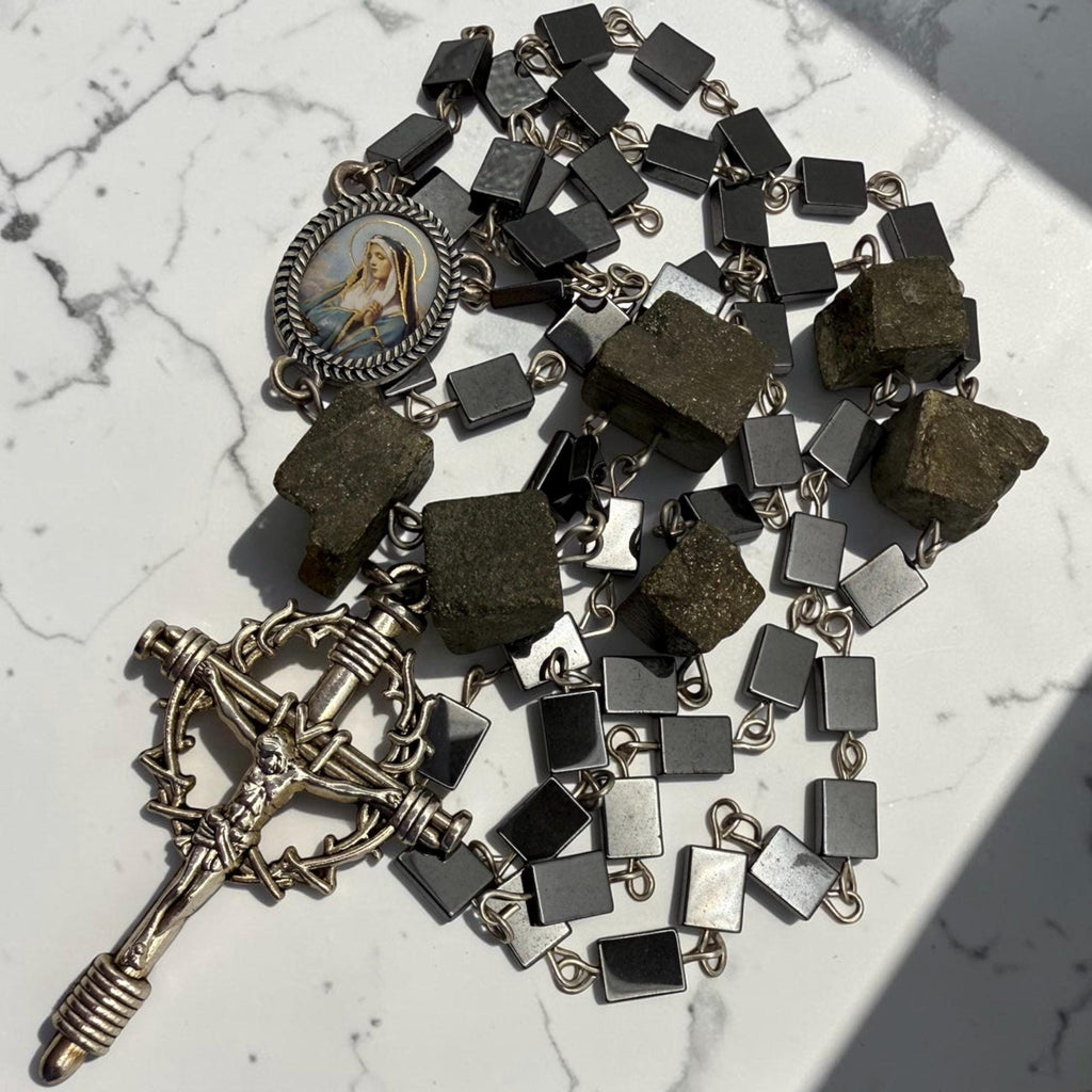 Pyrite Hematite Rosary with Crown of Thorns crucifix and Our Lady medal