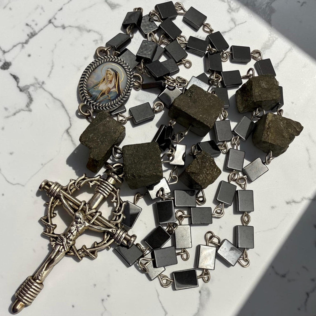 Pyrite Hematite Rosary with Crown of Thorns crucifix and Our Lady medal