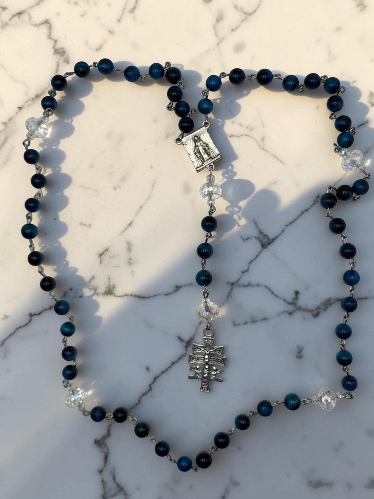 Blue Tiger Eye Rosary with Miraculous Medal and Jerusalem Cross crucifix