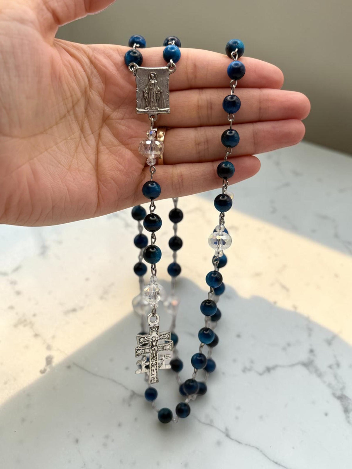 Blue Tiger Eye Rosary devotional detail