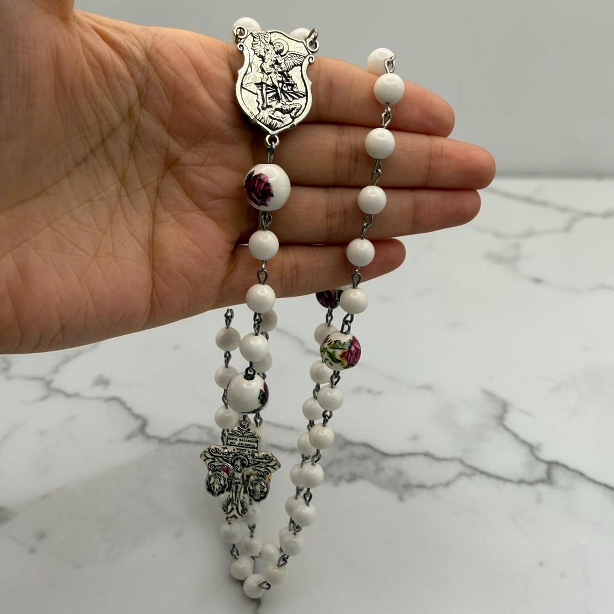White Floral St. Michael Rosary alternate view