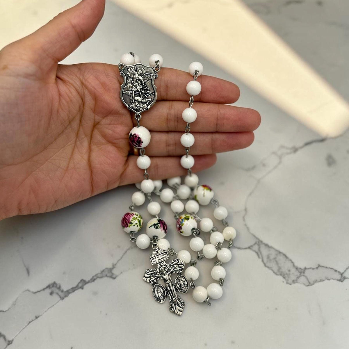 White Floral St. Michael Rosary detail view