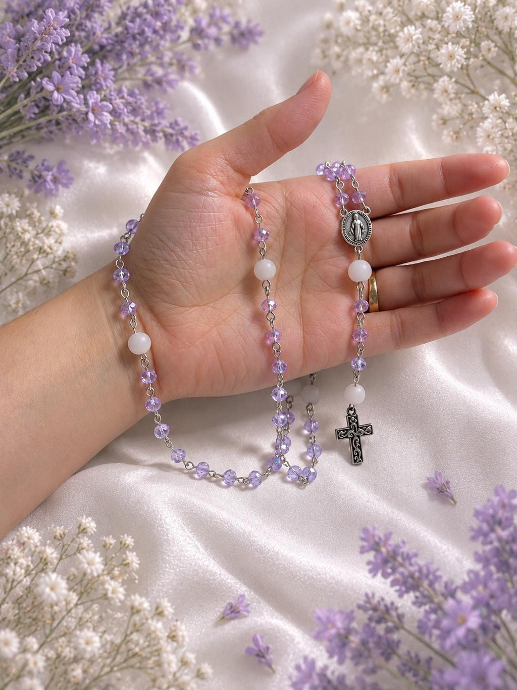 Lavender Crystal St. Benedict Rosary with silver-tone crucifix