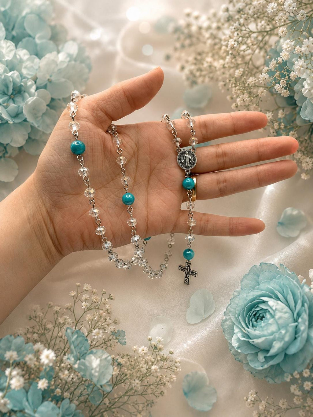 Aqua Crystal St. Benedict Rosary alternate view